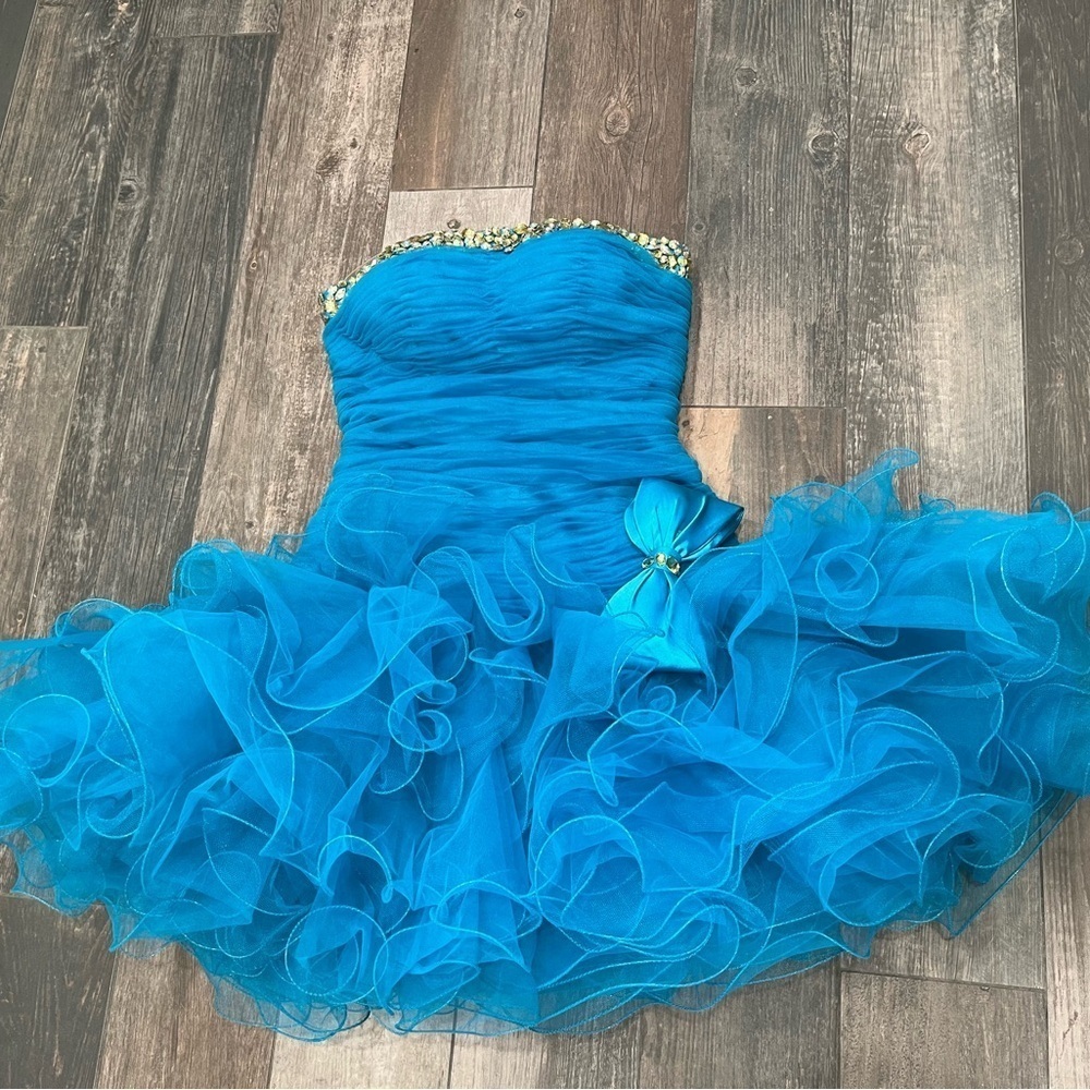sherri hill 2326 Turquoise size 2 cocktail dress bow Rhinestone Flounce Ruffle - Picture 2 of 15